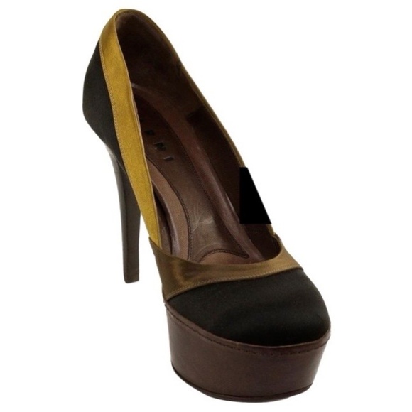 MARNI Pump Platform Satin Leather SCARPA Black Olive Brown Heel Shoe Sz 39 - Picture 1 of 8